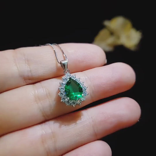 Teardrop Emerald Necklace Sterling Silver Gemstone Pear Halo White Gold Plated 2.5 CT Green Emerald Pendant jewelry #138