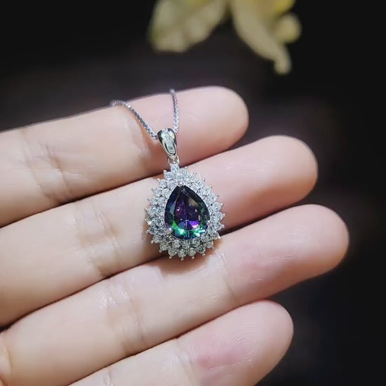Double Halo Mystic Topaz Necklace - 18KGP Sterling Silver - 3 CT eardrop Rainbow Mystic Topaz Pendant -  Gemstone Pear Layered #490