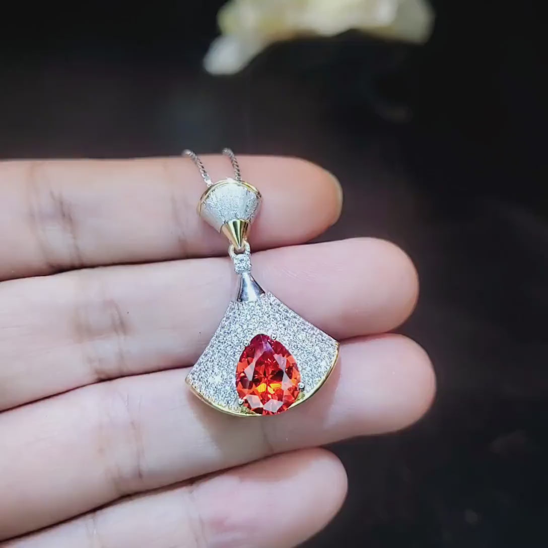 Orange Sunstone Necklace - Sterling Silver White Gold coated Gemstone Drop 3 CT Orange Spessartite Garnet Jewelry #828