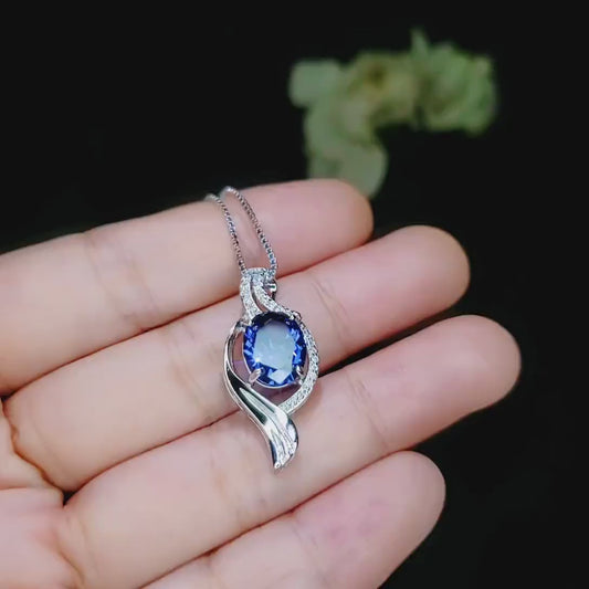 Large Diamond Wave Tanzanite Necklace White Gold coated Sterling Silver 2.8 CT Lab Created Blue Tanzanite Pendant - December Birthstone #666