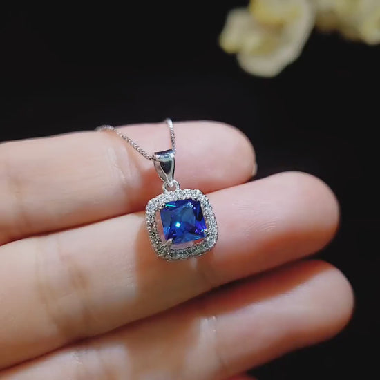 Tiny Square Blue Sapphire Necklace Sterling Silver Halo White Gold Coated September Birthstone Lab Created Minimalist 028