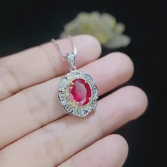 Ruby Flower Necklace - Sterling Silver 3 ct Oval Diamond Red Gemstone Pendant 14k White Gold Plated July Birthstone Gold Surround Style #710