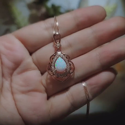 Large Opal Necklace - Rose Gold Coated 925 Sterling Silver Flower Leaf style - Teardrop Opal Pendant #608