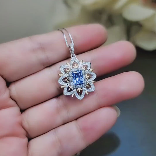 Blue Tanzanite Necklace Gemstone Water Lily Flower Pendant - 18k @ Sterling Silver - 1 CT Rectangle Lab Created Blue Tanzanite Jewelry #650