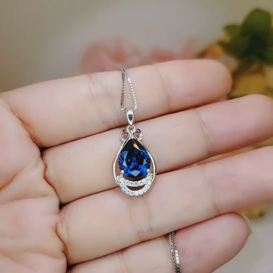 Blue Sapphire Necklace  - Teardrop Gemstone White Gold Sterling silver 2.8 CT Sapphire Pendant  - Large Bridal  Jewelry #487