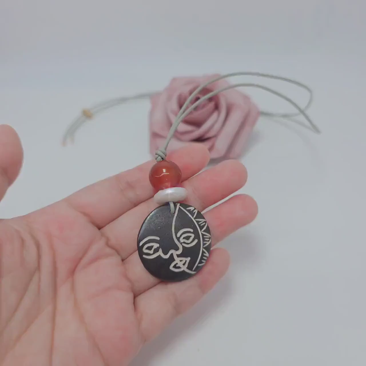 Sun Face Bovine Bone Pendant Necklace, Red Agate & Baroque Pearl, Sun Deity Totem Jewelry,  Organic Necklace, Celestial Chunky Stone Gift