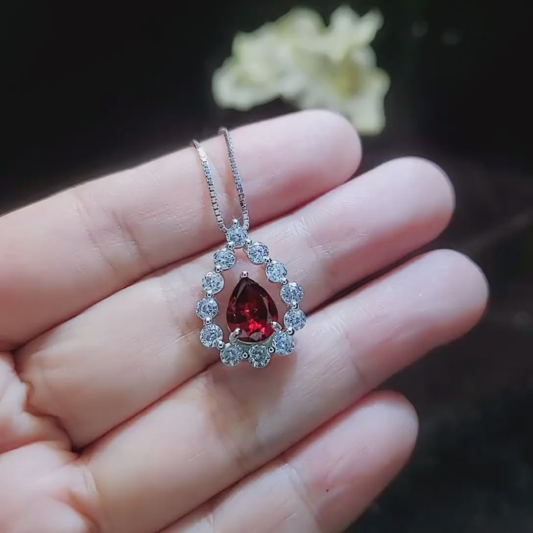 Spessartite Garnet Necklace - Teardrop Gemstone Halo Garnet Pendant - 18kgp @ Sterling Silver - January Birthstone #410