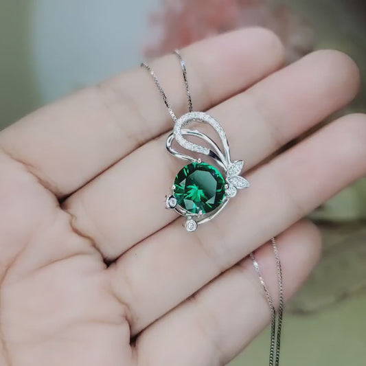 Emerald Butterfly Necklace Large Green  Emerald Pendant Sterling Silver White Gold Coated 4 CT Green Lab Emerald Gemstone Jewelry #964