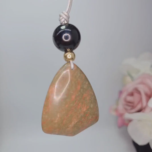 Natural Unakite  Black Onyx Geometric  Green Necklace, Green Chunky Pendant Jewelry with Long Adjustable Leather Cord