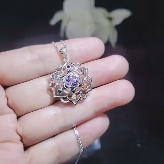 Amethyst Necklace - 7 Chakra Pendant - 18KG @ Sterling Silver - Genuine Natural Amethyst Jewelry - Flower Of Life Yoga Necklace #464