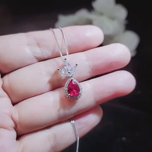 Sterling Silver Ruby Jewelry three-petal flower style Teardrop Ruby Pendant 18KGP White gold coated  Chain #421