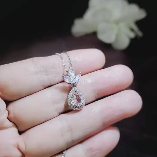 Morganite Necklace - Three Petal Style Morganite Pendant - 18KGP @ Sterling Silver #420