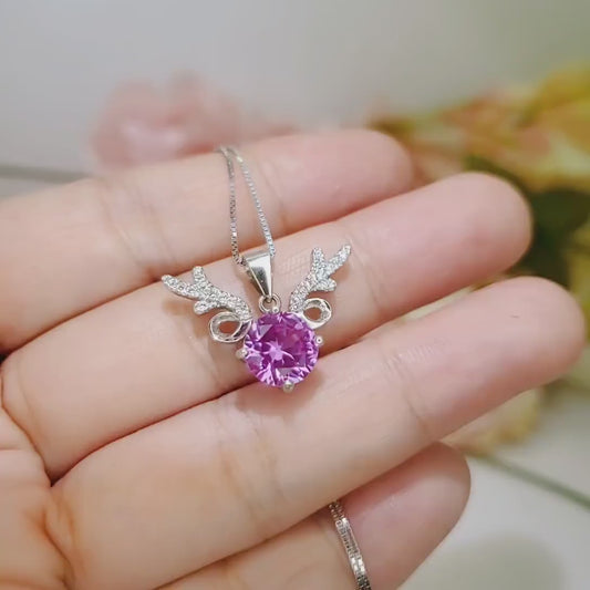 Deer Antler Pink Tourmaline Necklace - Sterling Silver 8mm Round Cut 2 Ct Pink Tourmaline Pendant #346