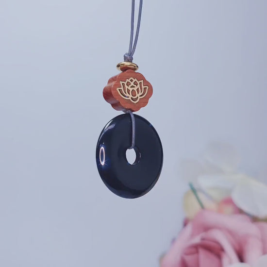 Geometric Black Obsidian Donut Pendant for Protection, Chunky Natural Obsidian Necklace with Sandalwood Lotus, Adjustable cord 24" #2563