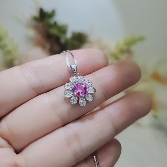 Pink Tourmaline Necklace - 18KGP @  Sterling Silver Sunflower Pendant  Tourmaline jewelry Pink gemstone Flower Style 056