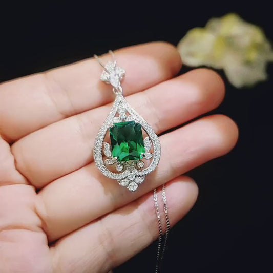 Emerald Necklace  Diamond Royal Spirit Flower Jewelry 5 Ct Radiant Cut Created Emerald Pendant -  18KGP Sterling Silver Emerald Jewelry #985