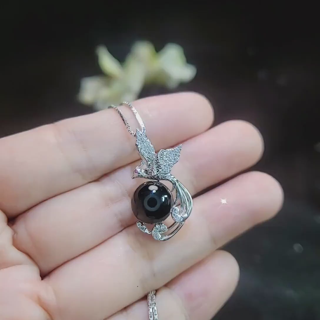 Black Onyx Phoenix Necklace  - White Gold plated Sterling Silver  - Gemstone Bird Black Gemstone  Pendant #508