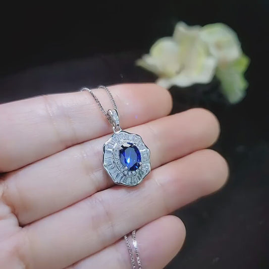 Blue Sapphire Necklace - Gemstone Lotus Leaf  Pendant - 18KGP @ Sterling Silver - September Birthstone - Waterlily jewelry #601