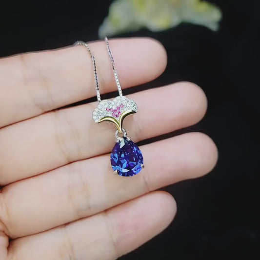 Pear Tanzanite Necklace - Ginkgo biloba 18KGP Sterling Silver - Large Teardrop  3.5 CT  Tanzanite Pendant - Gemstone Leaf Jewelry #823
