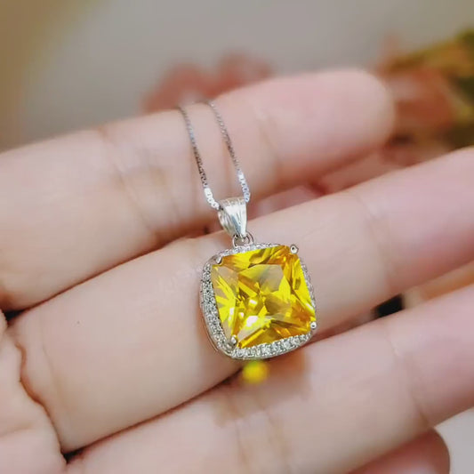 Large Square Yellow Gemstone Necklace -Cushion 5 CT Yellow Moissanite Gemstone Pendant White Gold Sterling Silver #443