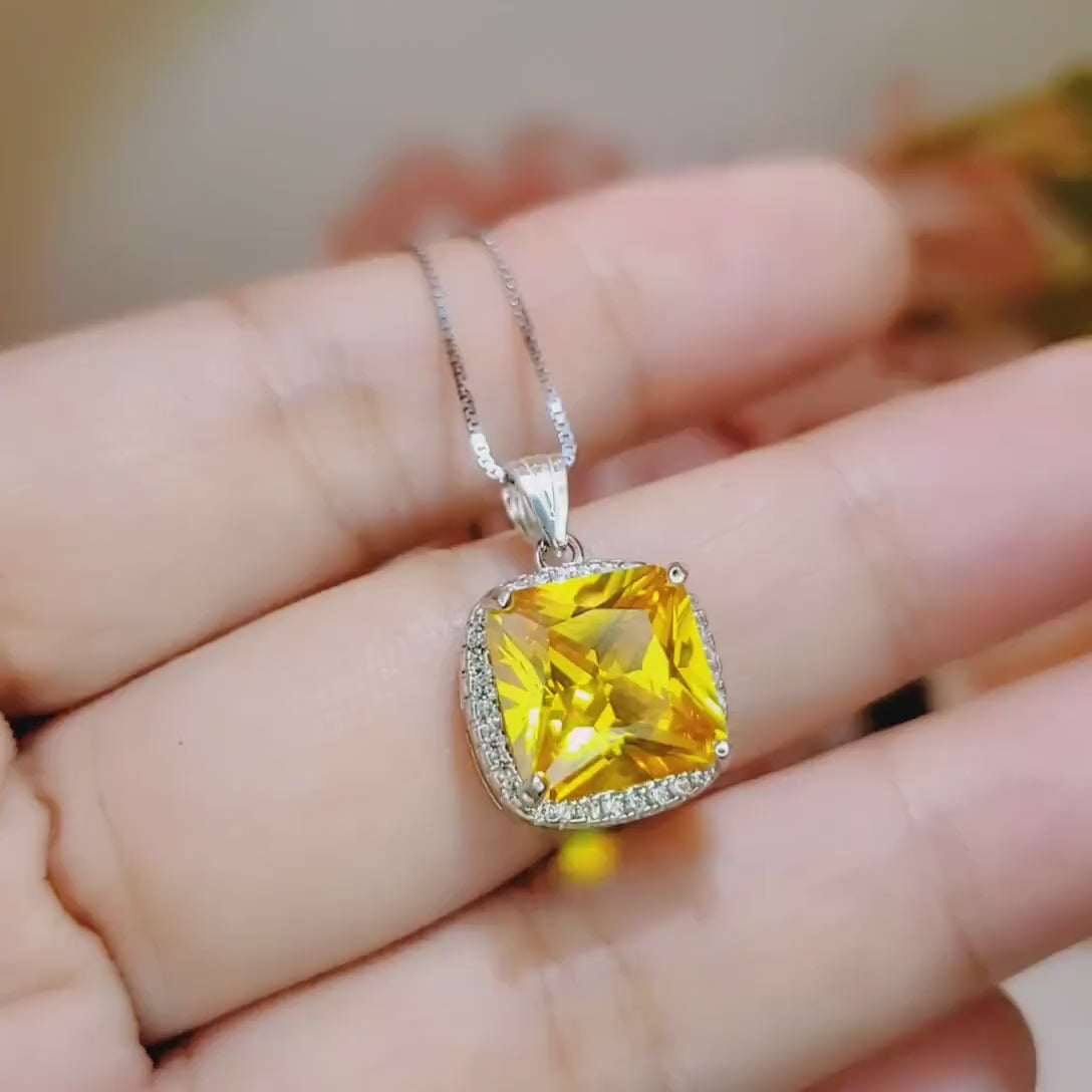 Large Square Yellow Gemstone Necklace -Cushion 5 CT Yellow Moissanite Gemstone Pendant White Gold Sterling Silver #443