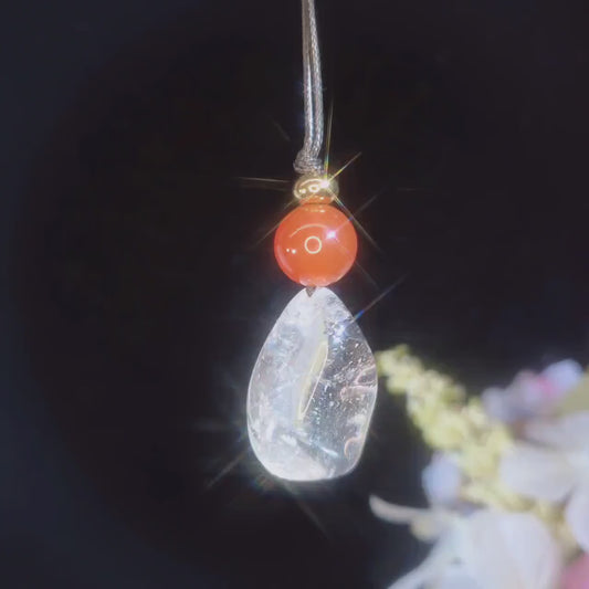 Clear Quartz Red Carnelian Necklace, 18K Gold Bead Zen Pendant, Chunky Geometric Energy Stone, Unisex Boho Crystal Jewelry Gift #2064