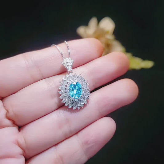Aquamarine Halo Pendant Necklace in Sterling Silver, Baguette Round  Sunburst Cluster, March Birthstone  Deep Blue Aquamarine #777