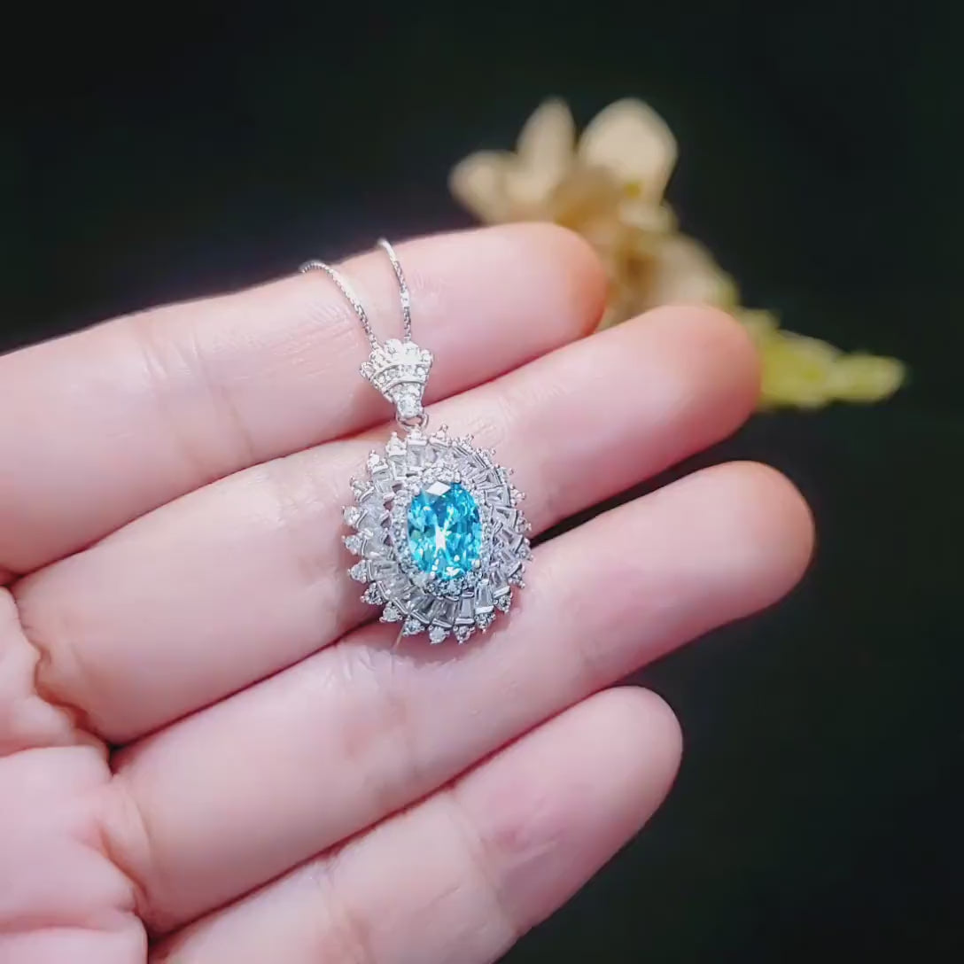 Aquamarine Halo Pendant Necklace in Sterling Silver, Baguette Round  Sunburst Cluster, March Birthstone  Deep Blue Aquamarine #777