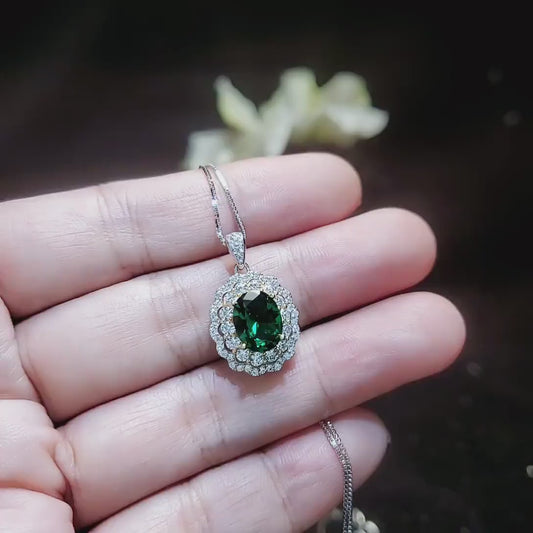 Double Halo Emerald Necklace - Green Emerald Pendant - 18kgp @ Sterling Silver - May Birthstone - Emerald Jewelry #593