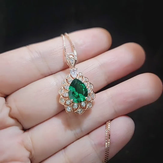 Lily Flower Emerald Necklace - 18KRGP & Sterling Silver - 3 CT Green Emerald Pendant May Birthstone Layered Double Halo Emerald Jewelry #681