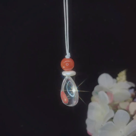 Red Phantom Quartz & Carnelian Necklace, Natural Red Agate Chunky Pendant, Genuine Pearl, Adjustable Leather Cord, Energy Jewelry #2072