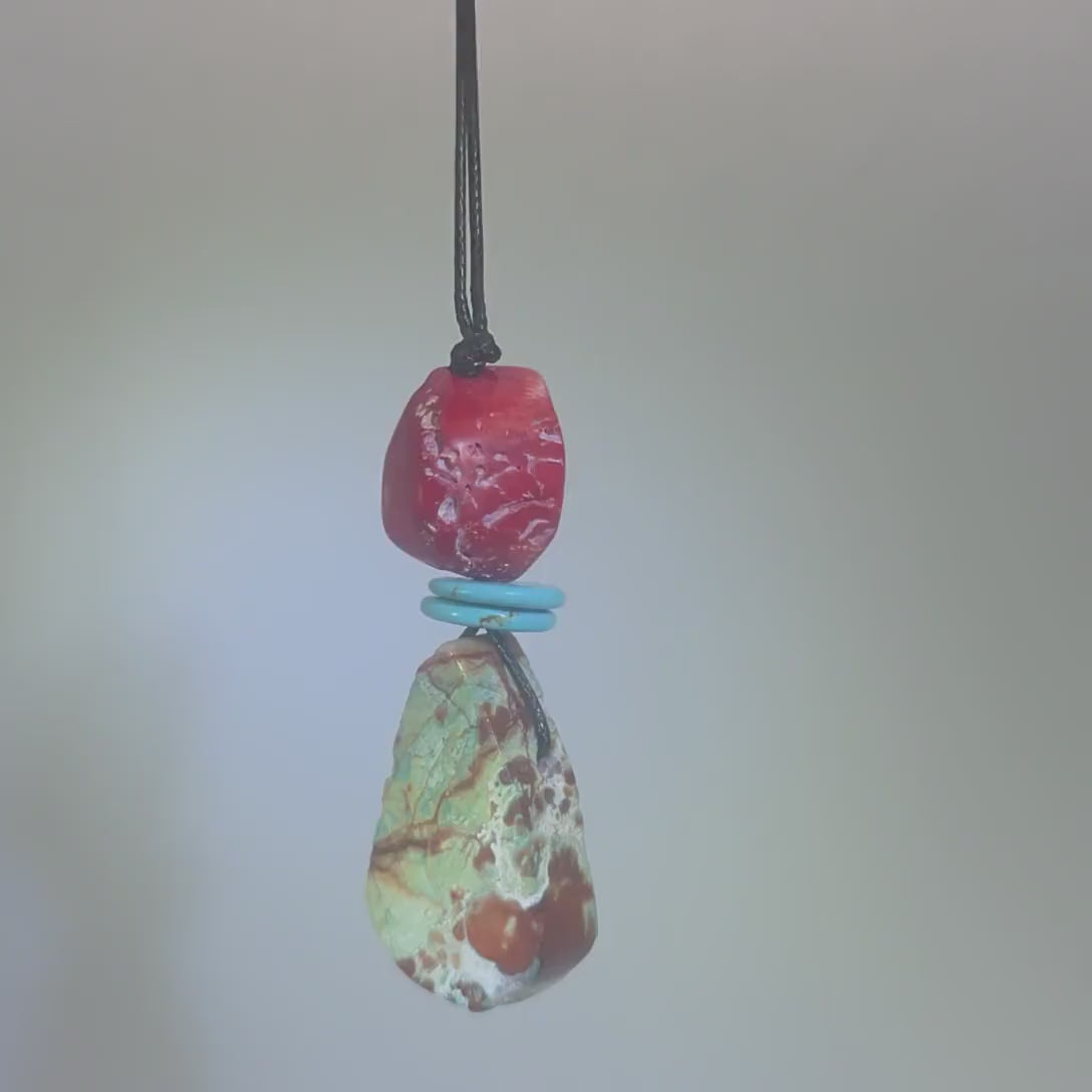 Large Green Jasper Core Necklace Bohemian Style Pendant Leather cord Chunky Raw African Jasper Jewelry  Adjustable UP to 30"   #2321