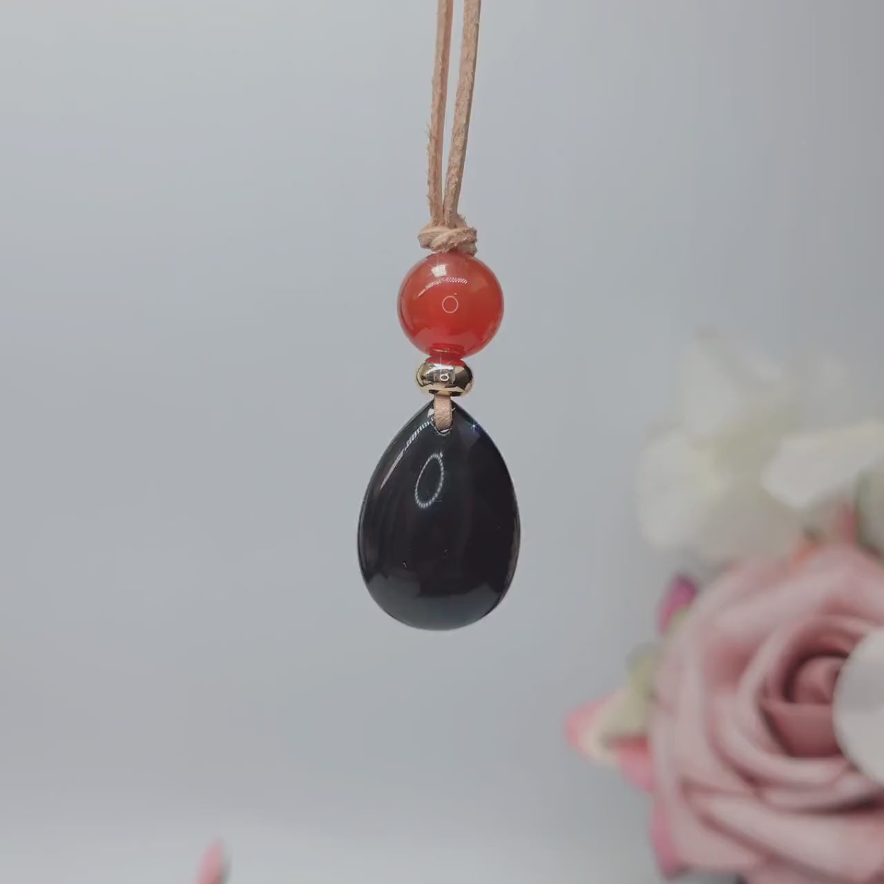 Obsidian Necklace Teardrop Pendant, Red Carnelian Natural Gemstone Chunky Geometric Jewelry, Adjustable Leather Cord