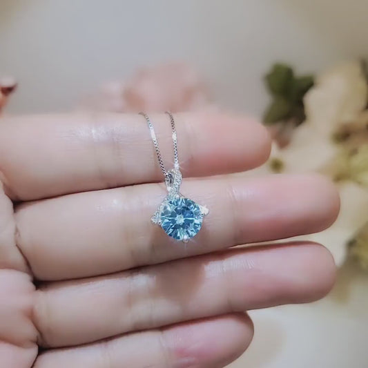 2.2 CT Blue Aquamarine Necklace Gemstone Knot Pendant Simple Bowknot Bright Blue Gemstone White Gold Coated Sterling Silver Minimalist #110