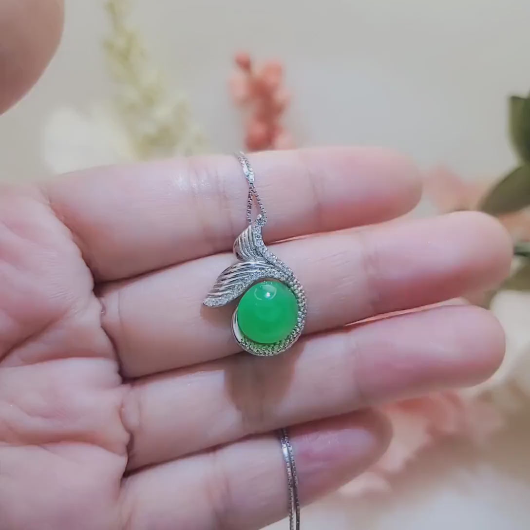 Green Jade Necklace Gemstone Mermaid Pendant White Gold plated Sterling Silver Fish Tail  Natural Genuine Green Jade Jewelry #963