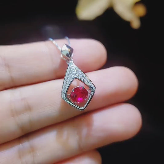 Dynamic Swing Ruby Necklace - Round Cut 0.85 Ct - Full Sterling Silver 18KGP - Ruby Pendant #180