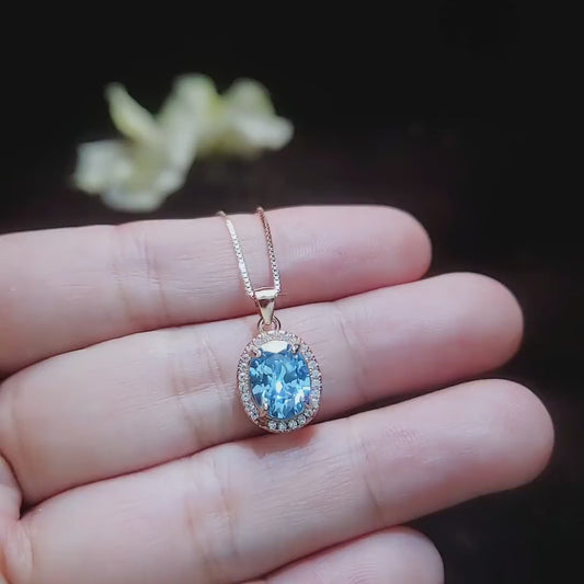 Aquamarine Necklace - Rose Gold Halo Blue Aquamarine Pendant - 18kgp @ Sterling Silver - March Birthstone #300