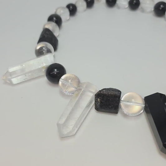 Raw Clear Quartz Point Obsidian Necklace Chunky Black Tourmaline Natural Protection Stone Statement Monochrome Jewelry Boho Gemstone Pendant