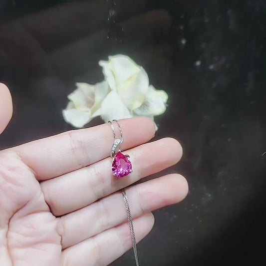 Simple Pink Sapphire Necklace, Large Teardrop Pink Sapphire Jewelry - 18k White Gold @ Sterling Silver #606