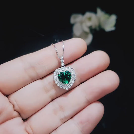 Emerald Necklace - Green Emerald Heart Pendant - Full 925 Sterling Silver 8 MM Double Halo Solitaire Green Heart Emerald Jewelry #429