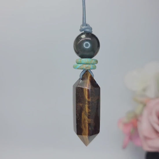 Tigers Eye Necklace Healing Crystal Pendant, Chunky Obsidian Geometric Jewelry for Men Women with Adjustable Leather Cord