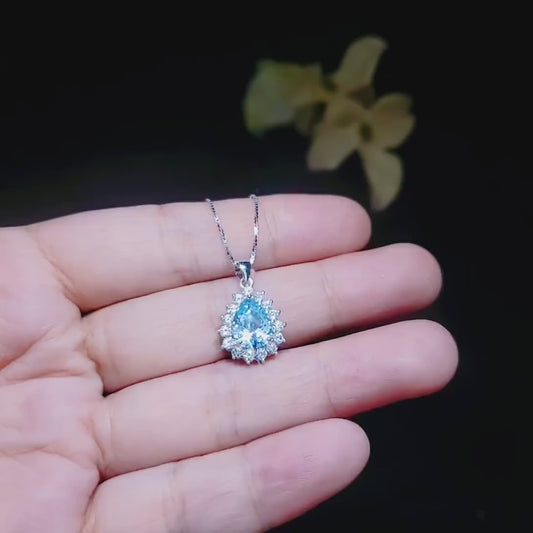 Teardrop Aquamarine Necklace, Sterling Silver 2.5 ct Blue Aquamarine Pendant, Gemstone Halo Pear Blue Gemstone Jewelry #133