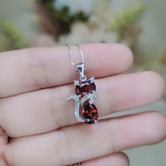 Spessartite Garnet Necklace - 18KGP @ Sterling Silver -  Gemstone Kitty Cat Pendant - Pet lover gift -  Kitten   Garnet Jewelry #212