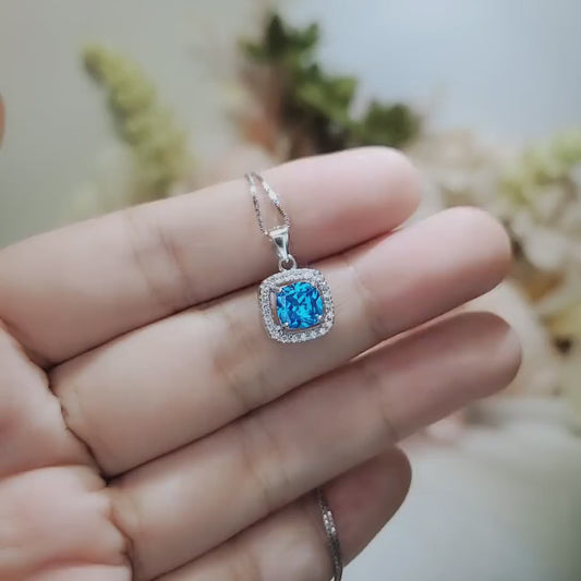 Minimalist Blue Topaz Necklace Sterling Silver Tiny Halo Square Solitaire Tiny Blue Topaz Pendant - November Birthstone 020