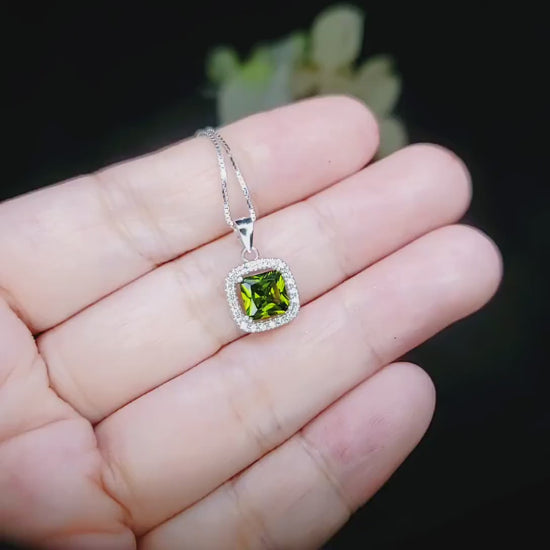 Super Tiny Peridot Necklace - Sterling Silver Square Created Green Peridot Pendant - August Birthstone 016