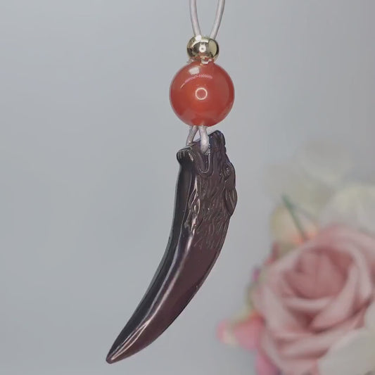 Geometric Obsidian Wolf Tooth Pendant for Strength, Chunky Natural Obsidian Necklace with Red Carnelian, Adjustable Leather Cord 30" #2562