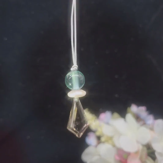 Smoky Quartz  Green Fluorite Necklace - Crystal Point Pendant - Natural Pearl Accents - 30" Adjustable Leather - Chunky Healing #2076