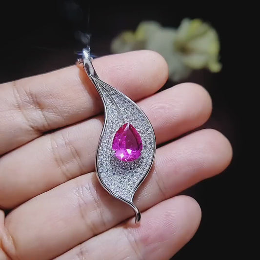 Pink Topaz Leaf Necklace - Fuchsia  Pink Topaz Pendant - 18KGP White Gold coated Full Sterling Silver - 3 CT Teardrop Style #906