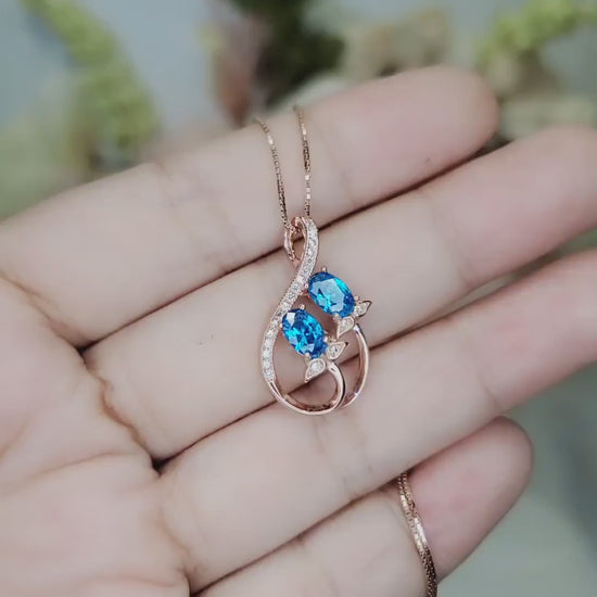Rose Gold Sterling Silver Blue Topaz Necklace - Gemstone Leaf Flower   Tiny Topaz pendant #332