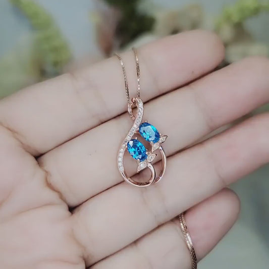 Rose Gold Sterling Silver Blue Topaz Necklace - Gemstone Leaf Flower   Tiny Topaz pendant #332